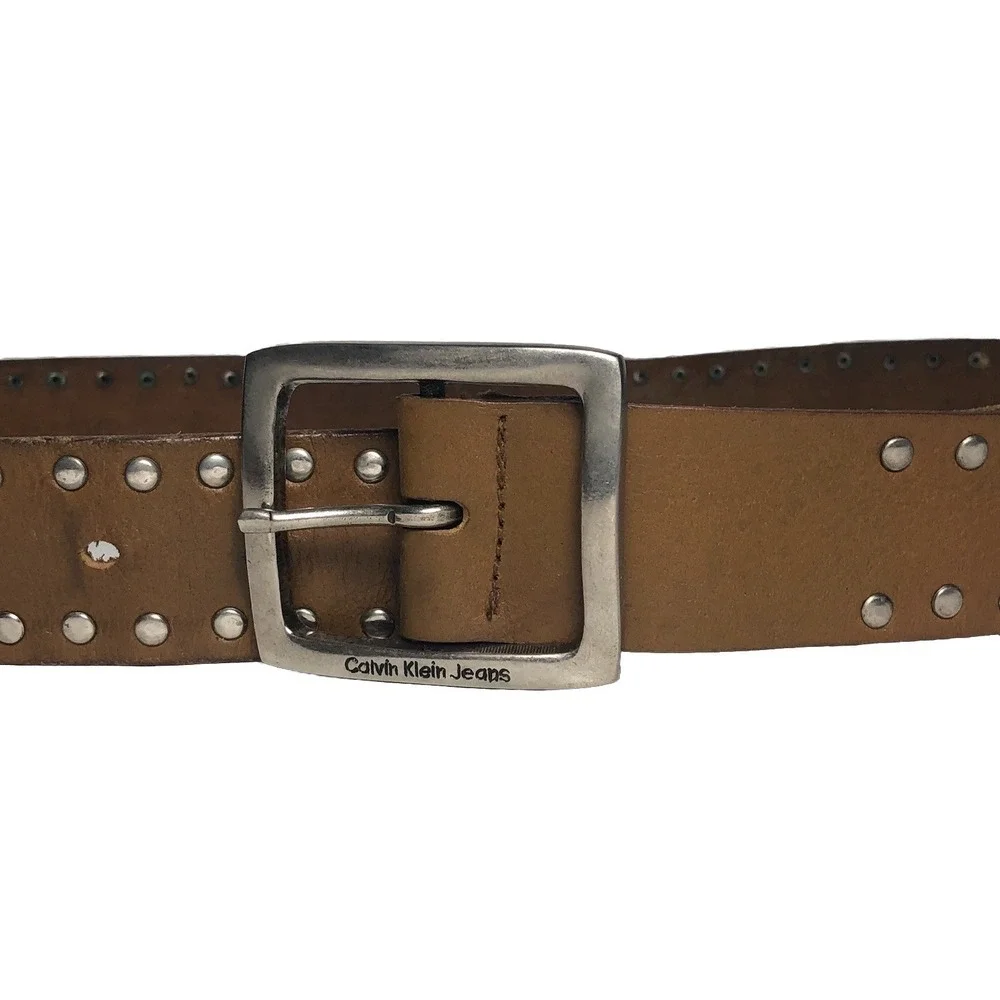 Vtg Y2K Calvin Klein Jeans Studded Brown Leather‎ Belt 33-37